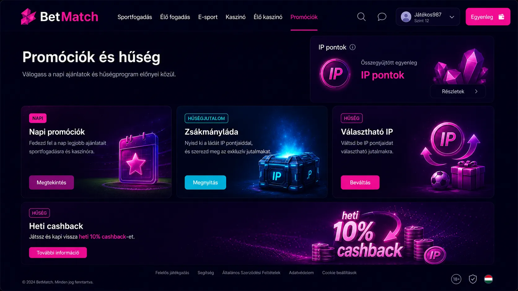 BetMatch befizetés nélküli bónusz IP-pontok napi promóciók