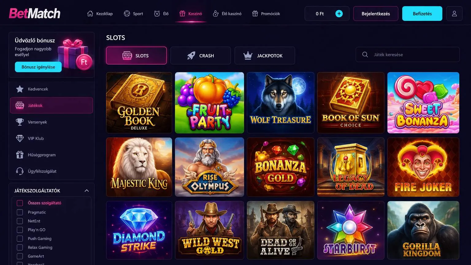 BetMatch játékkínálat nyerőgépek és élő kaszinó