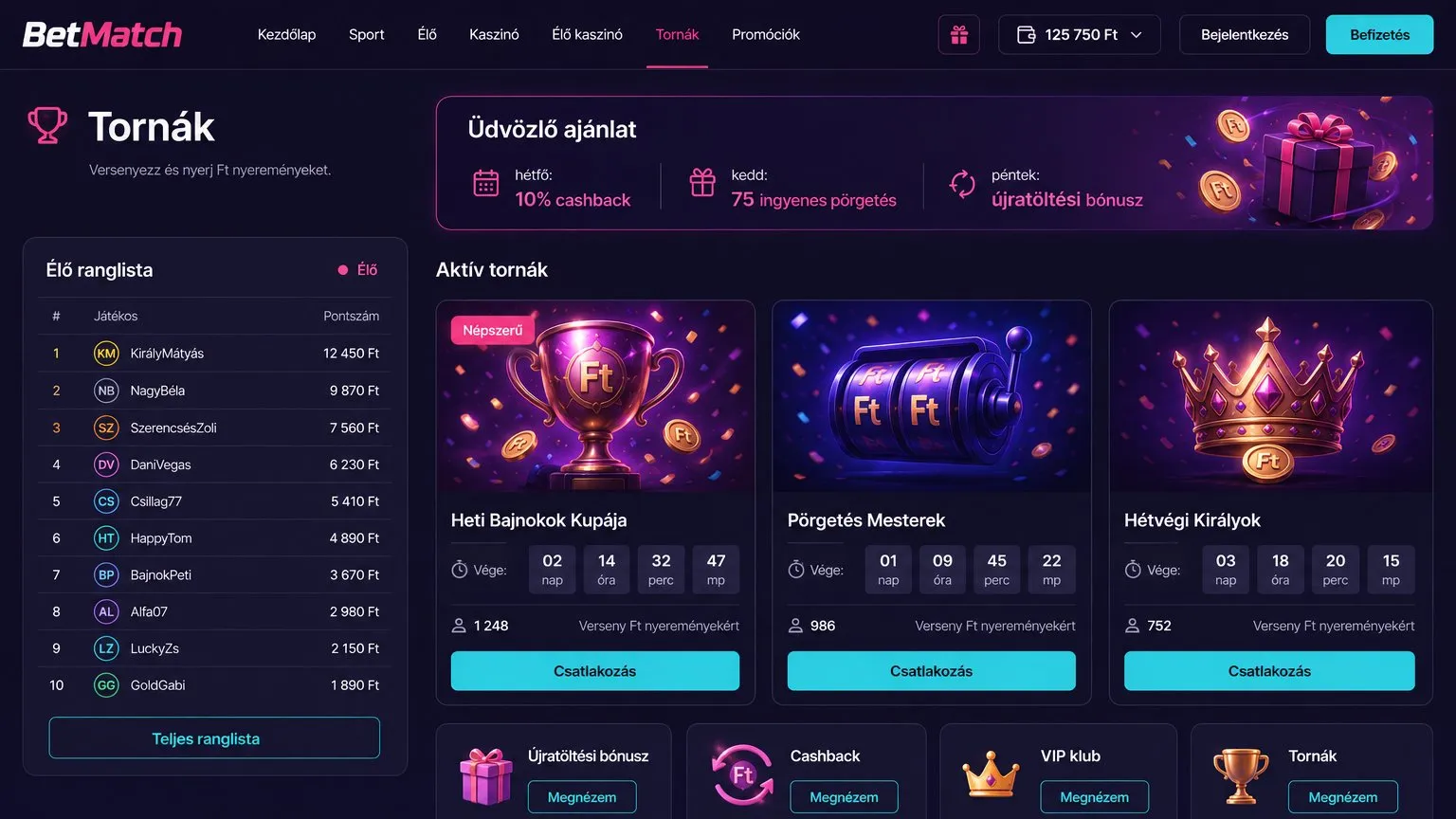 BetMatch promocios kod folyamatos promóciók heti naptár